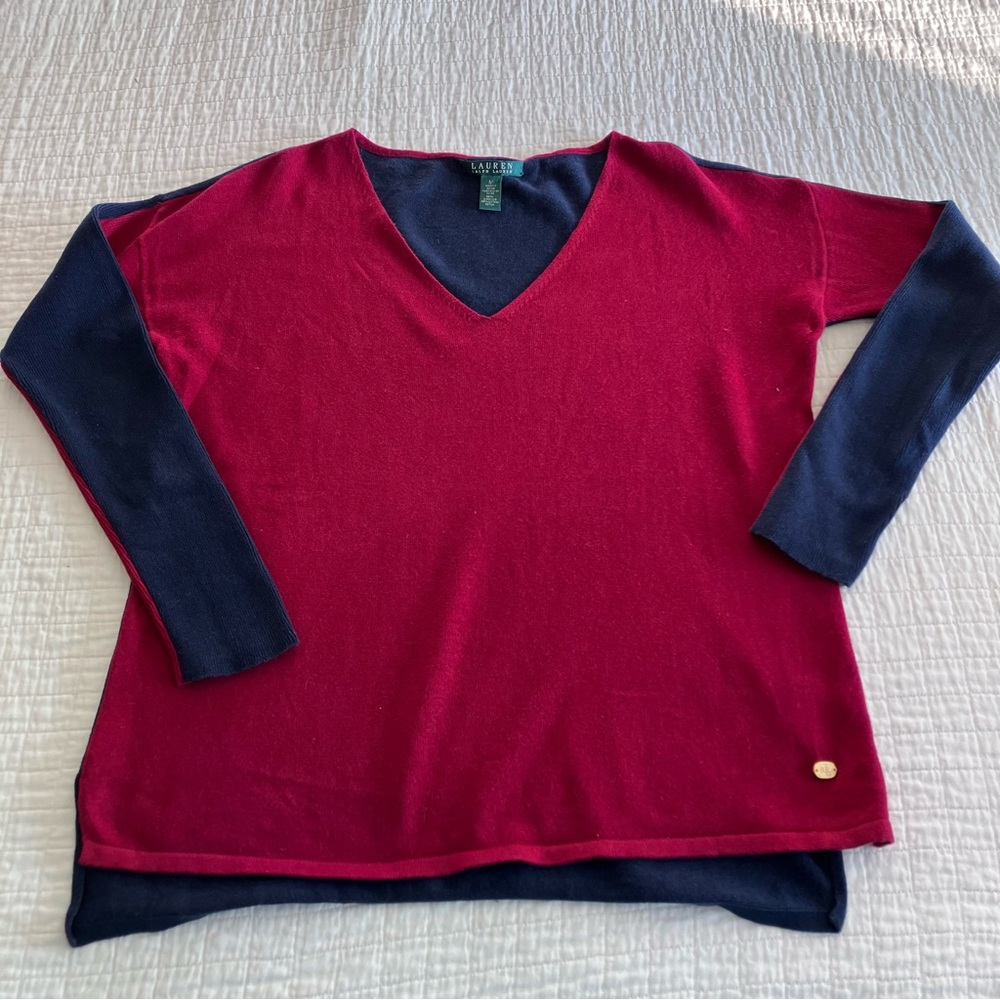 Ralph Lauren raspberry/navy linen/cotton long sleeve vneck top